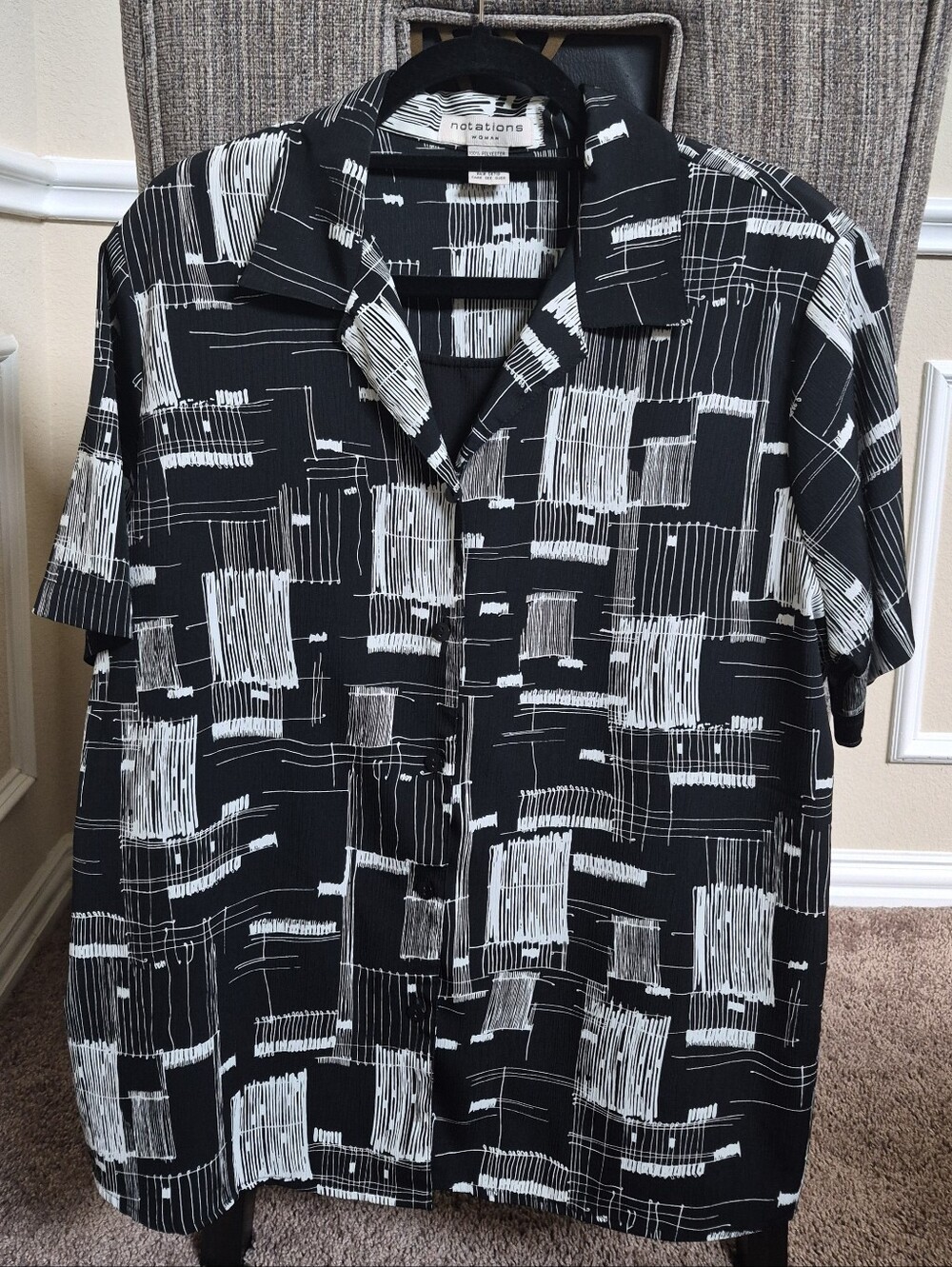 Notations Black Short Sleeve Button-Down with White Abstract Grid Print
